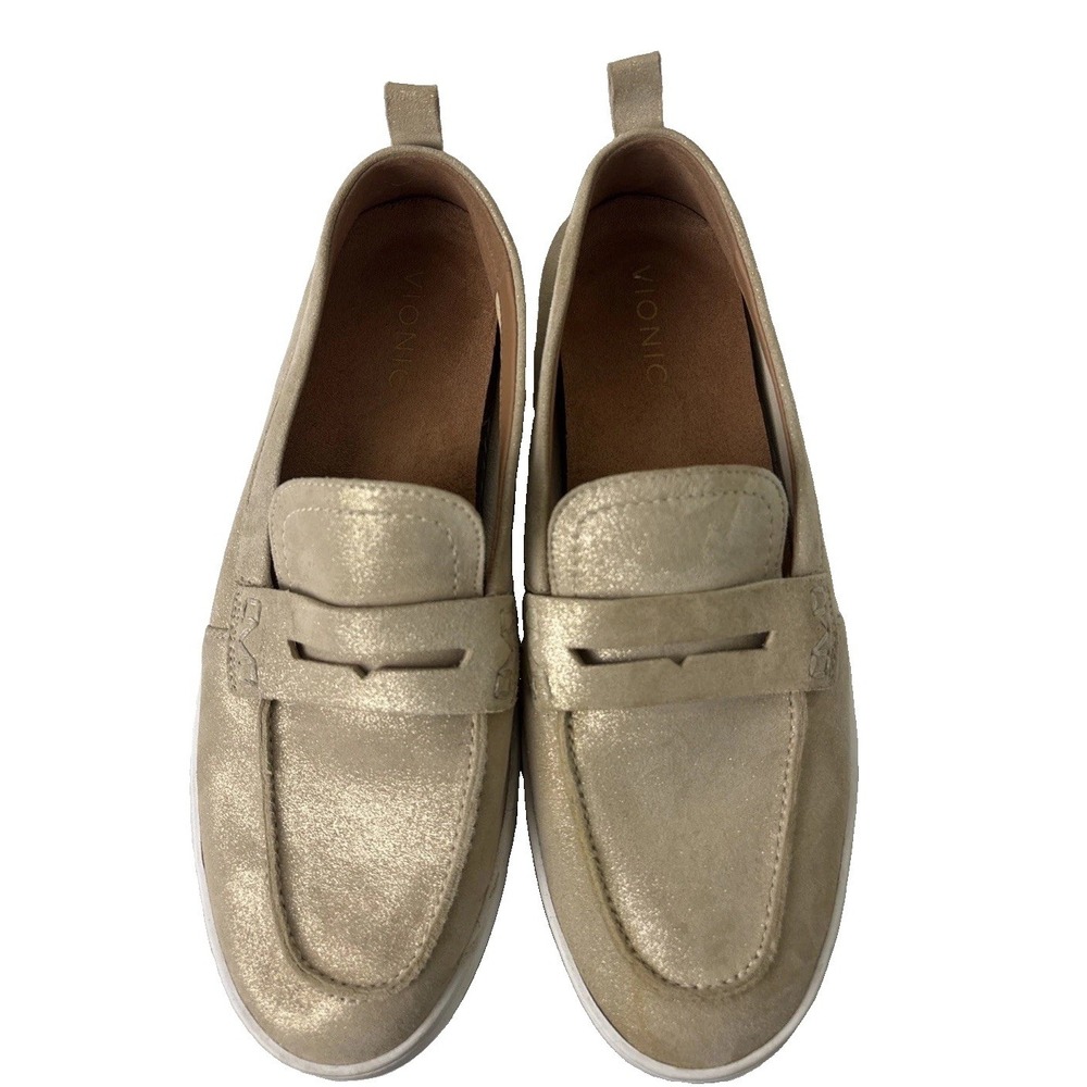 Vionic Uptown Metallic Suede Penny Loafers Womens 10 Gold Orthotic Slip On